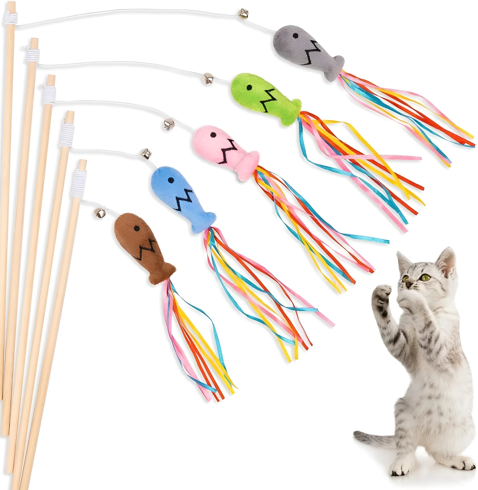 Colourful cat wand toy with ribbons, bell, and catnip fish on a wooden handle