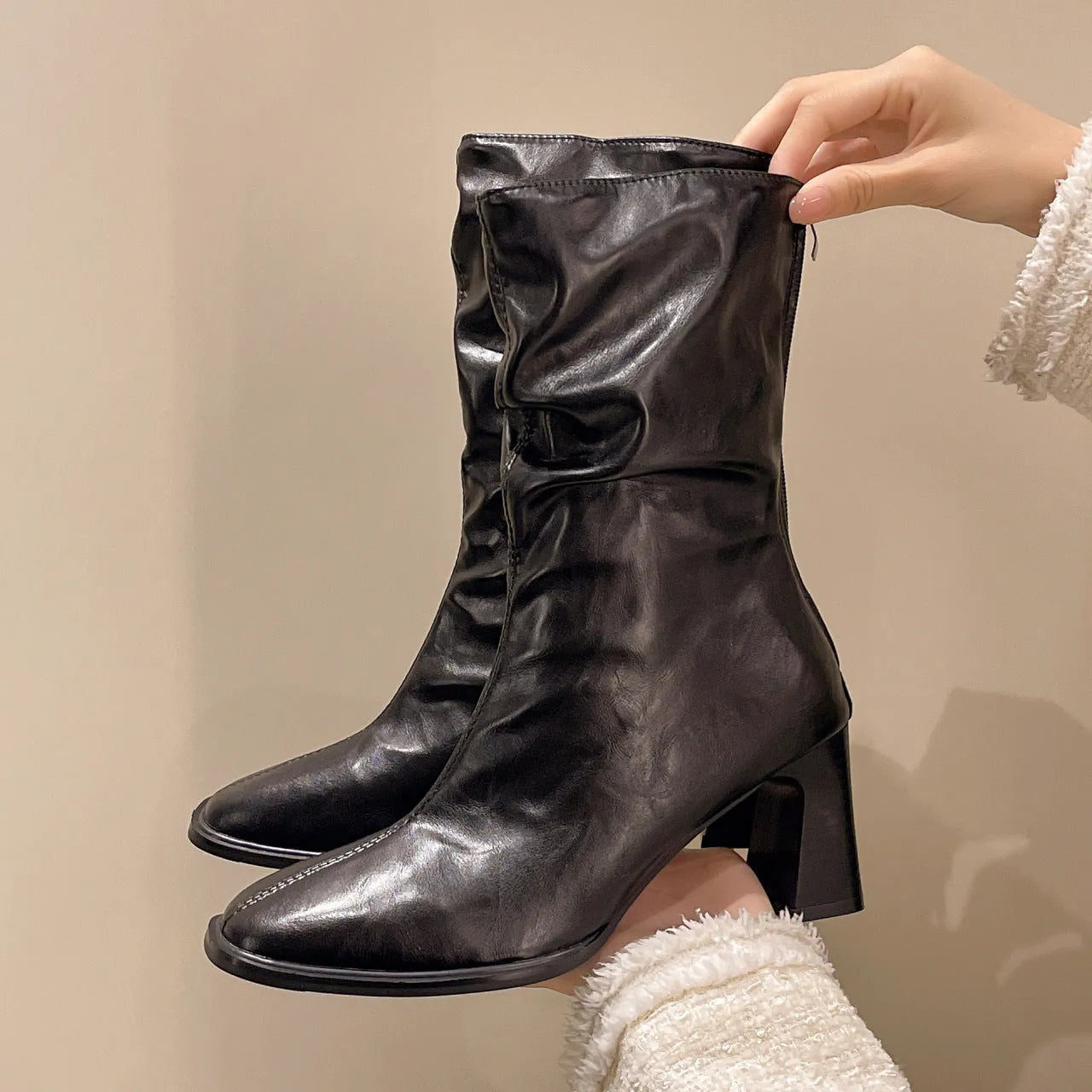 Large size women's wide width chunky heel ankle boots in black, square toe, back zipper, artificial PU upper