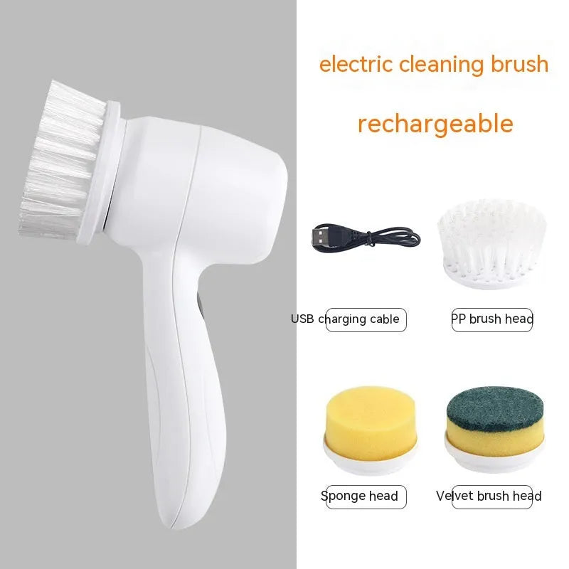 White cordless electric cleaning brush with four brush heads for shower tile and floor cleaning