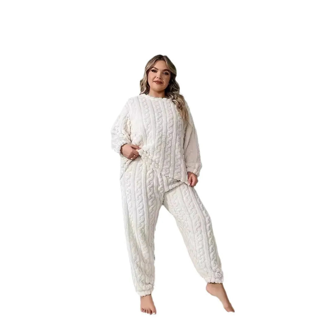 Women's creamy white plush two-piece casual set with crew neck top and matching trousers
