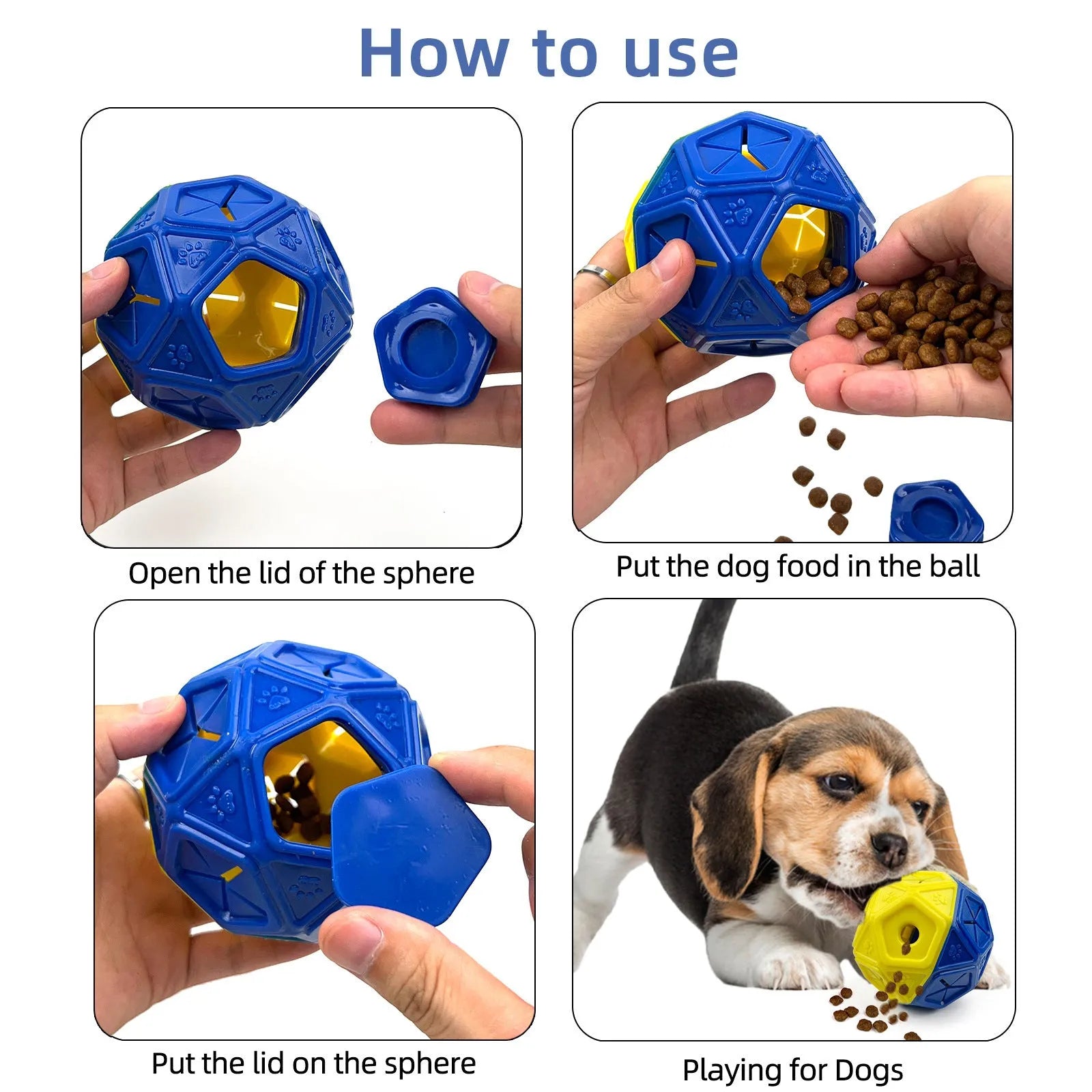 Blue soft rubber hollow dog toy ball for treat dispensing and interactive play.