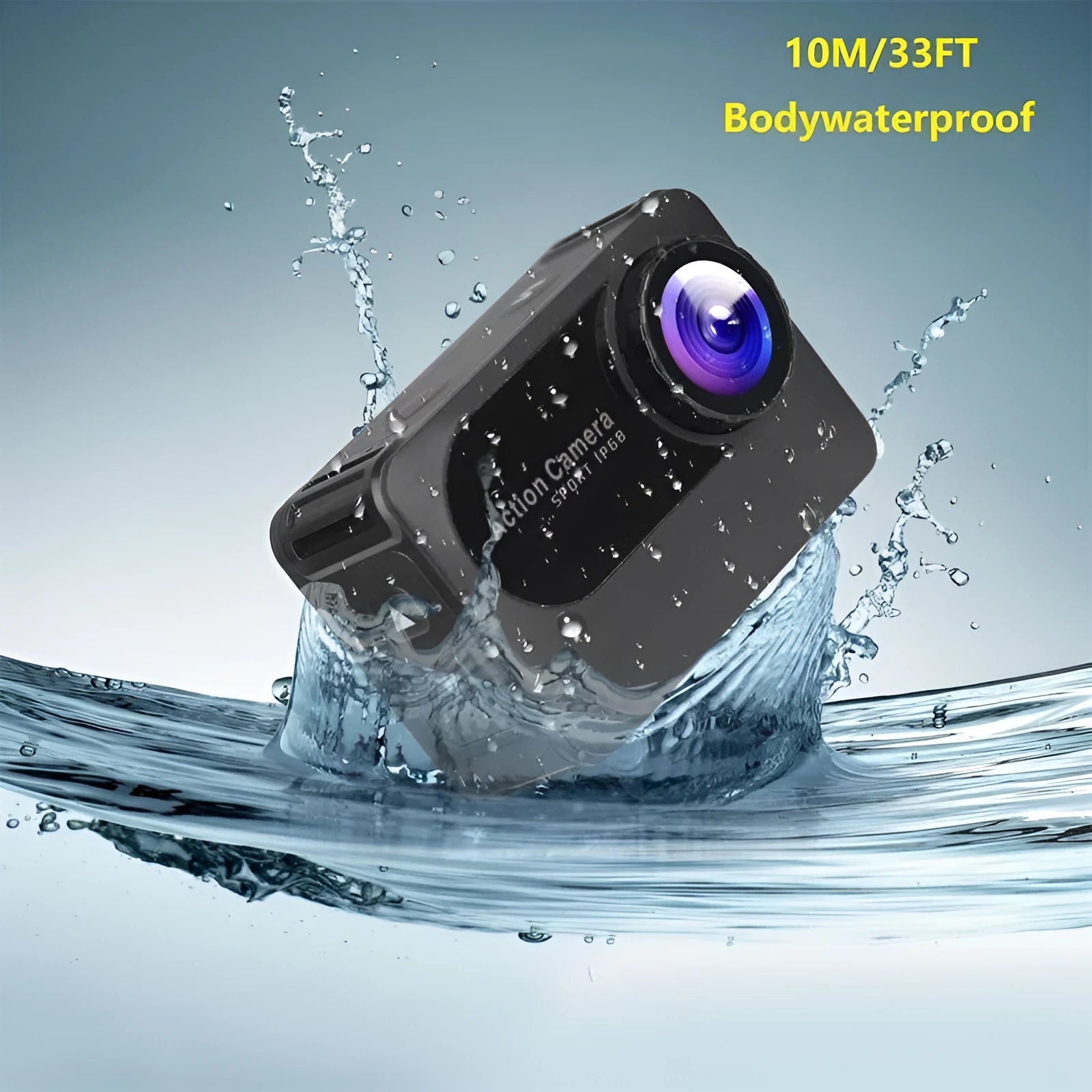 Black outdoor sports action camera with wide-angle lens showing 170° marking and touchscreen.