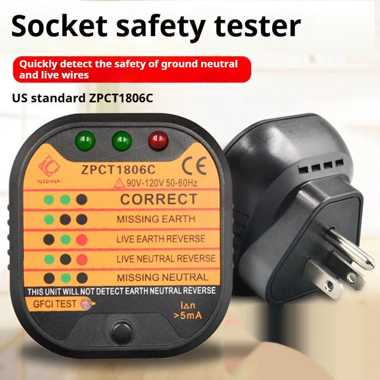 Black socket tester for electrical polarity and earth leakage detection measuring 65mm