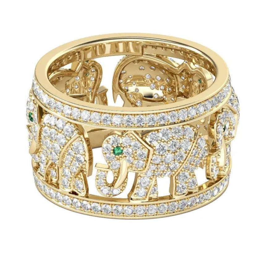 Alloy elephant ring with full diamond design showing detailed elephant motif and textured surface