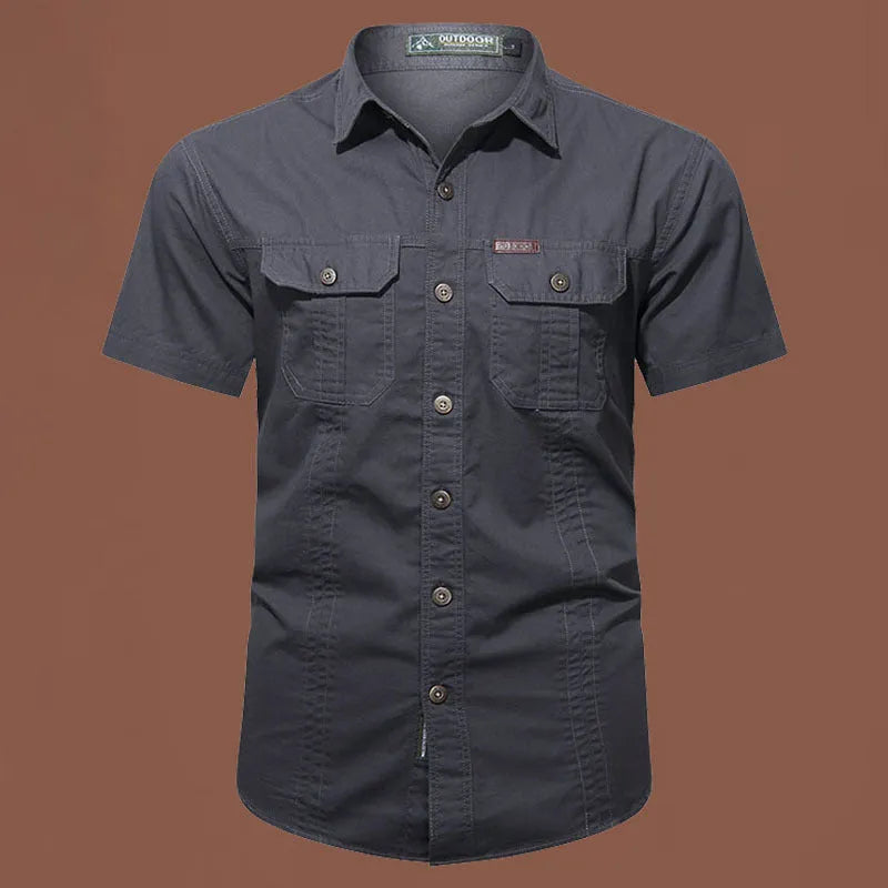 Men's short sleeve cotton work shirt in a loose cardigan style, shown in a selection of colours.