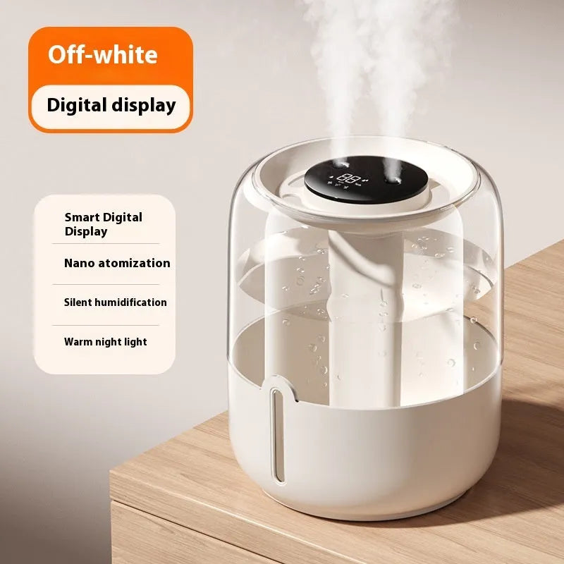 Round beige humidifier with USB port, dual spray nozzles, humidity display, and night light