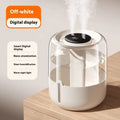 Round beige humidifier with USB port, dual spray nozzles, humidity display, and night light