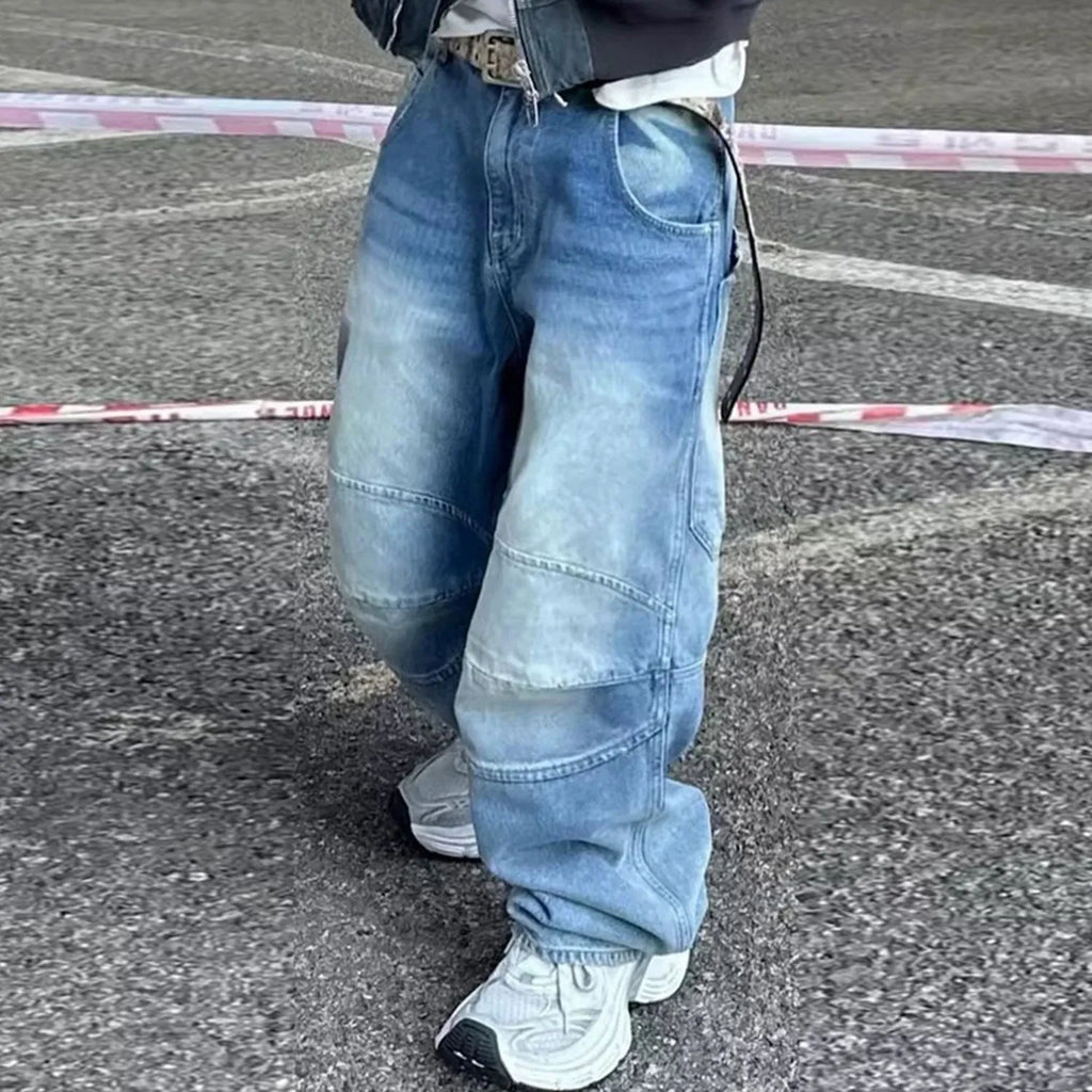 Men's washed white-blue baggy jeans with straight leg and zip fly on hanger