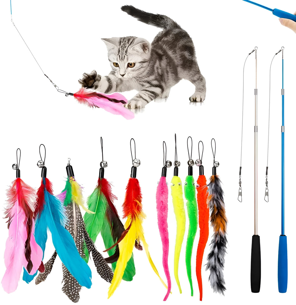 Cat feather teaser fishing rod set with two poles and ten colourful replacement heads