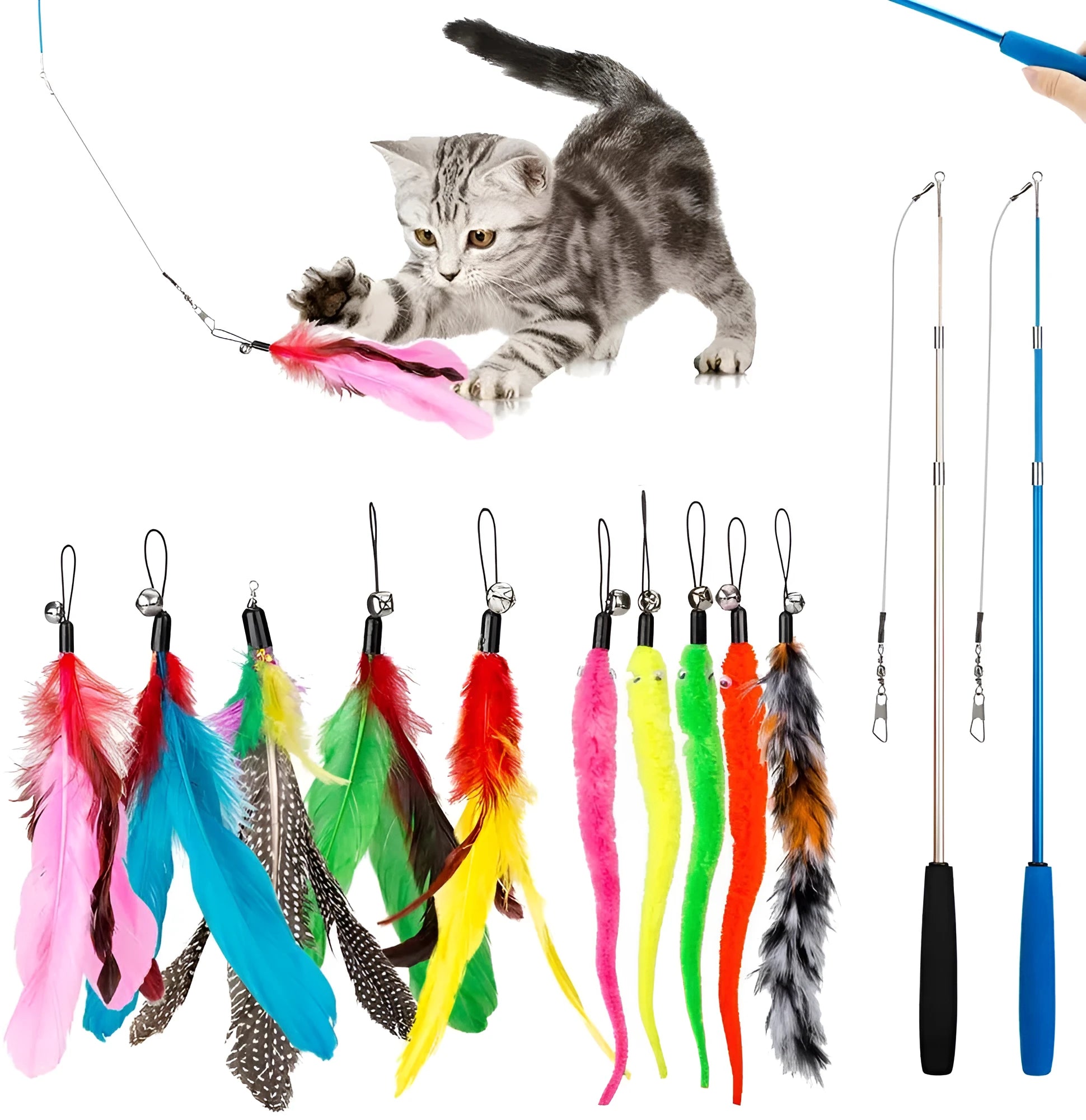 Cat feather teaser fishing rod set with two poles and ten colourful replacement heads