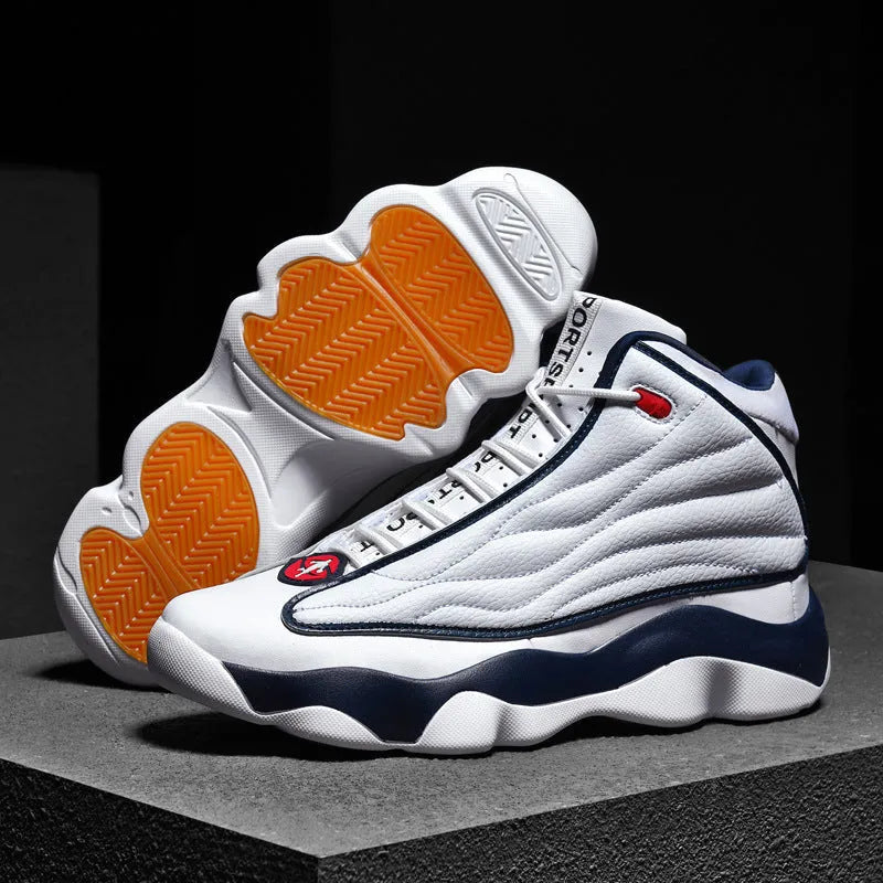 High-top basketball shoe in white and red with mesh upper, thick rubber sole, and lace-up front.