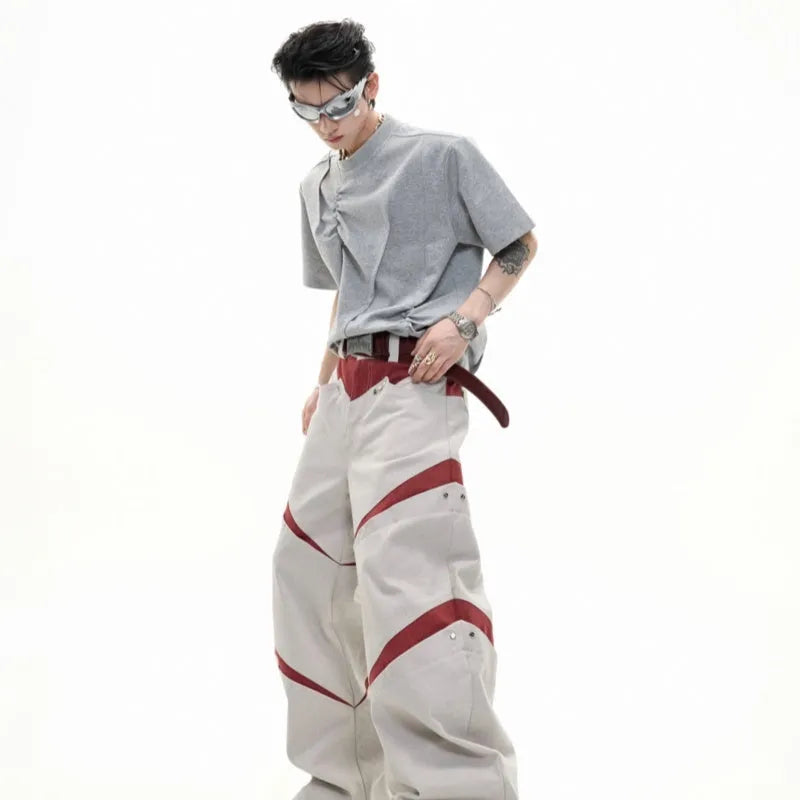 Men's pleated cotton T-shirt in loose fit with round neck and short sleeves