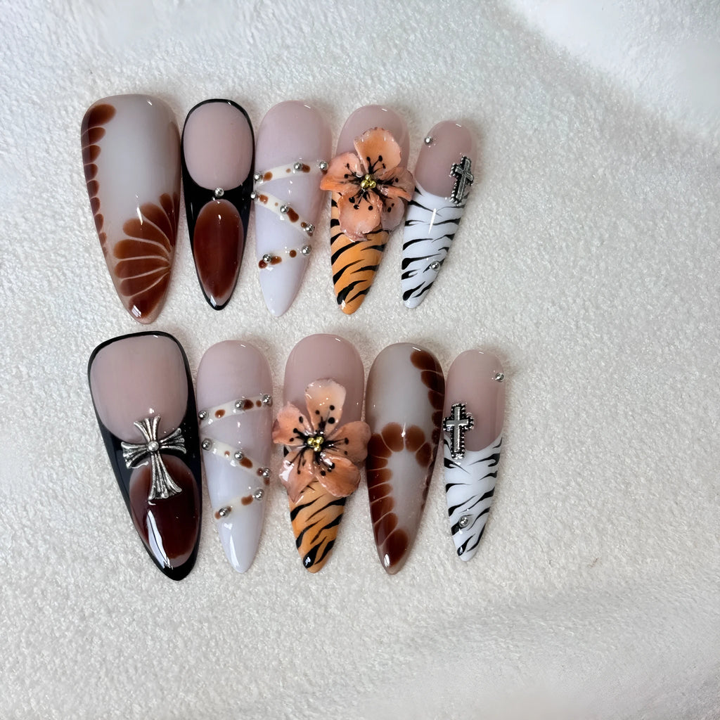 French style leopard print nail stickers with cross and floral patterns in 10-piece pack