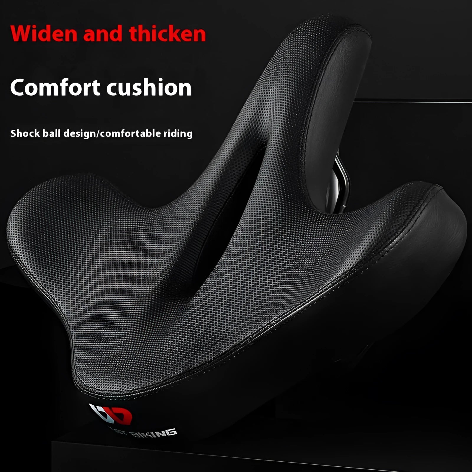 Black bicycle saddle cushion with thickened foam padding for shock absorption.