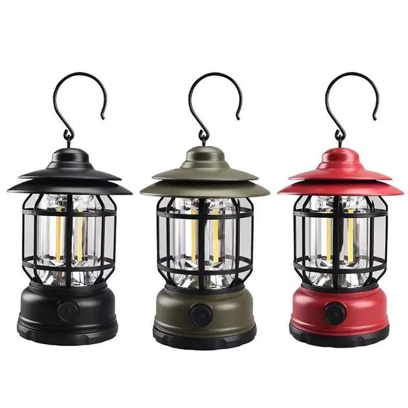 Portable camping lantern in black, dark green, or red with super bright light for outdoor use.