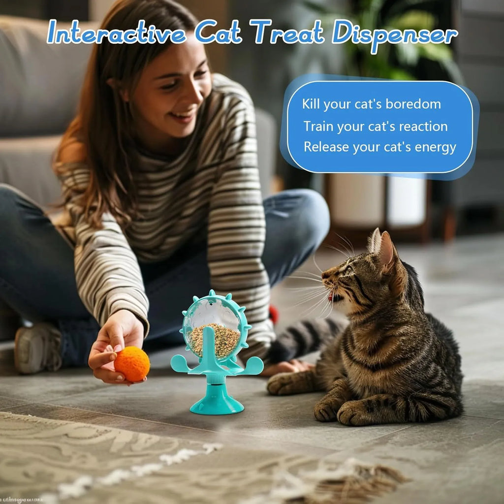 Interactive pet puzzle toy with rotating food dispenser in blue, green, red, or yellow colours