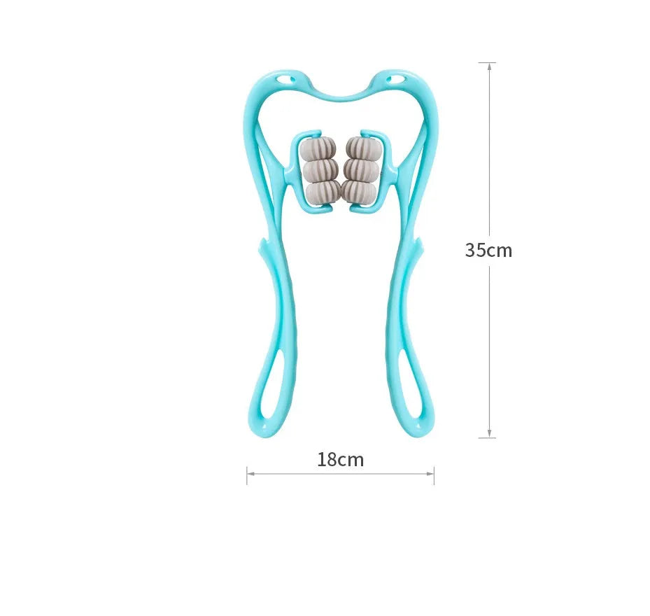 Blue manual swan-shaped neck massager with six rolling wheels and a natural crystal jade scraping board on a white background.
