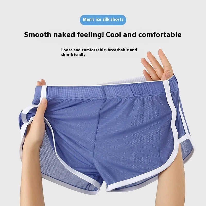 Men's ice silk boxer shorts in multiple colours showing low-waist mesh sports design.