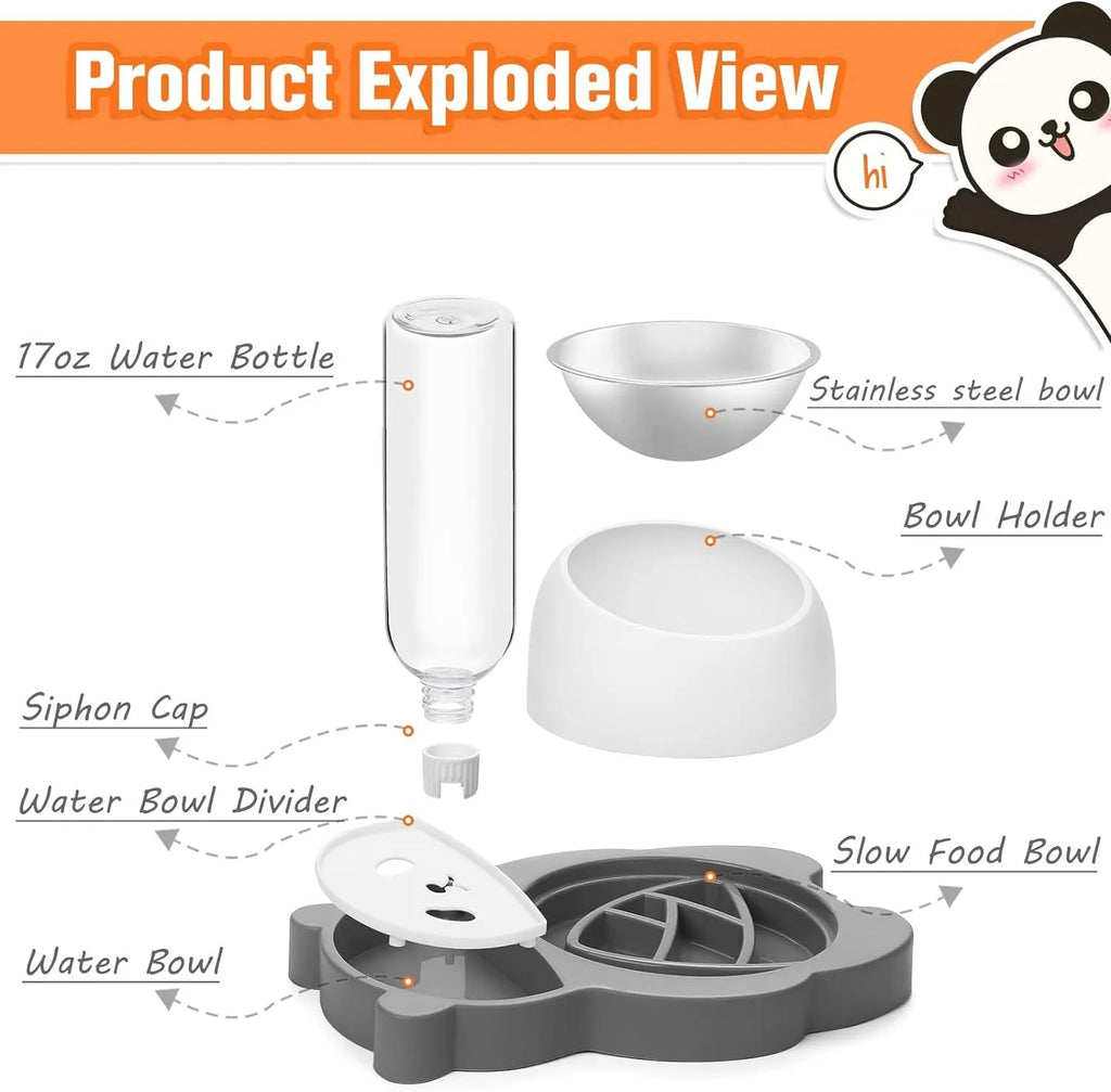 Grey panda-shaped elevated pet feeder with tilted stainless steel bowls and attached water bottle