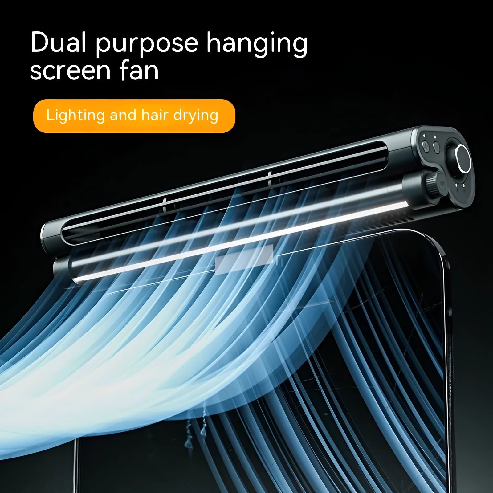 Black clip-on bladeless fan with integrated light attached to a laptop screen.
