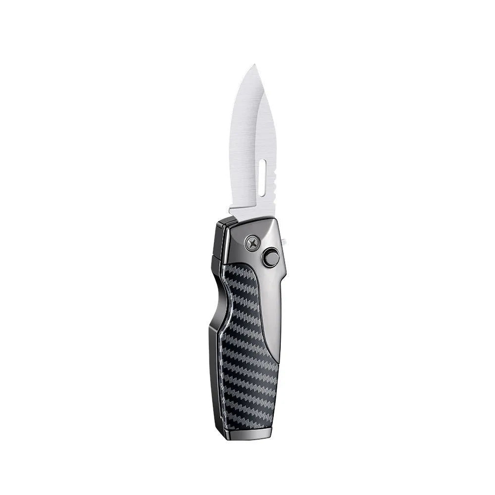 Metal folding lighter showing folded position and unfolded straight jet flame