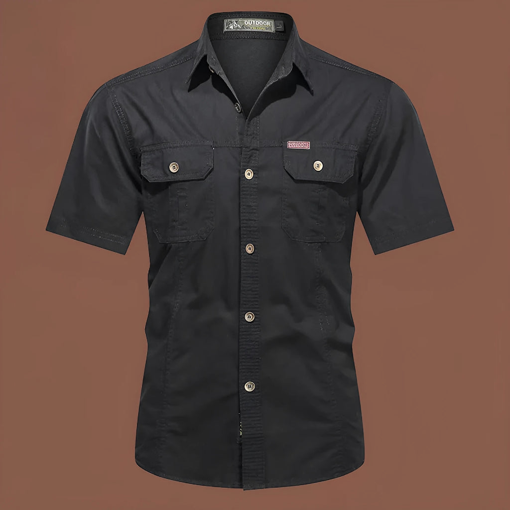 Men's short sleeve cotton work shirt in a loose cardigan style, shown in a selection of colours.