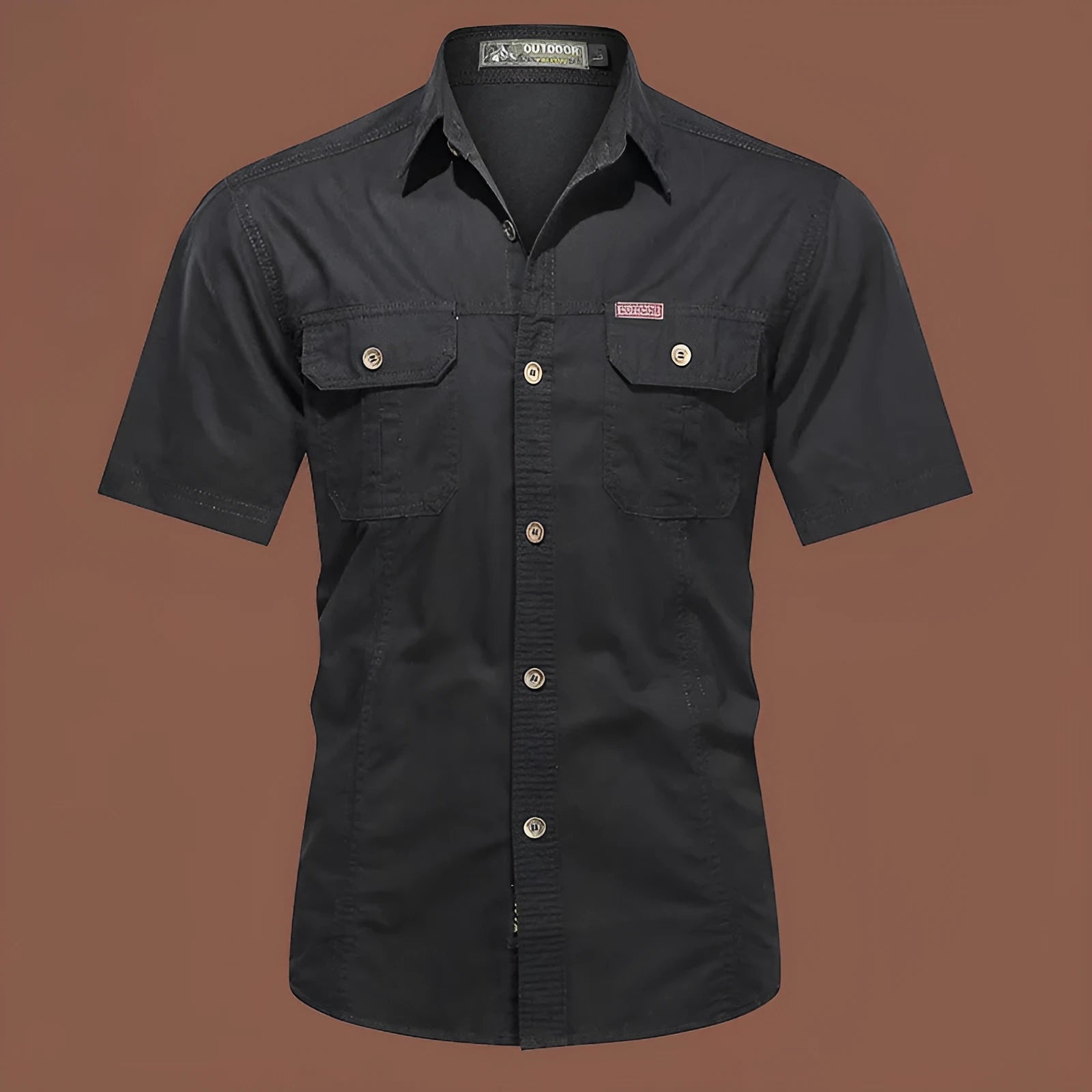 Men's short sleeve cotton work shirt in a loose cardigan style, shown in a selection of colours.