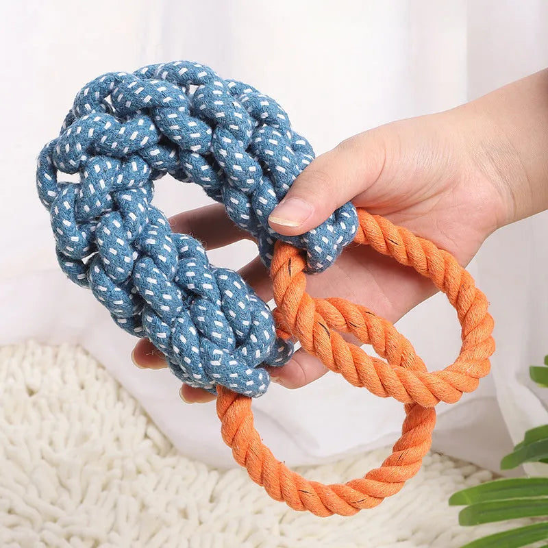 Blue braided cotton bone rope dog toy with double rings for interactive play