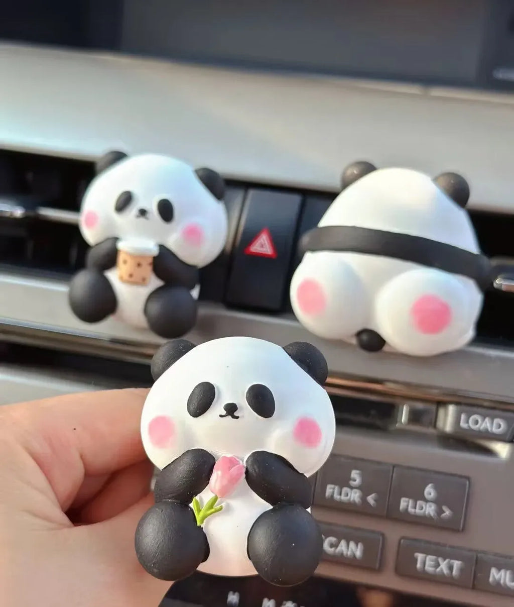 Cute panda car vent perfume decoration in milk tea, flower, and back panda designs.