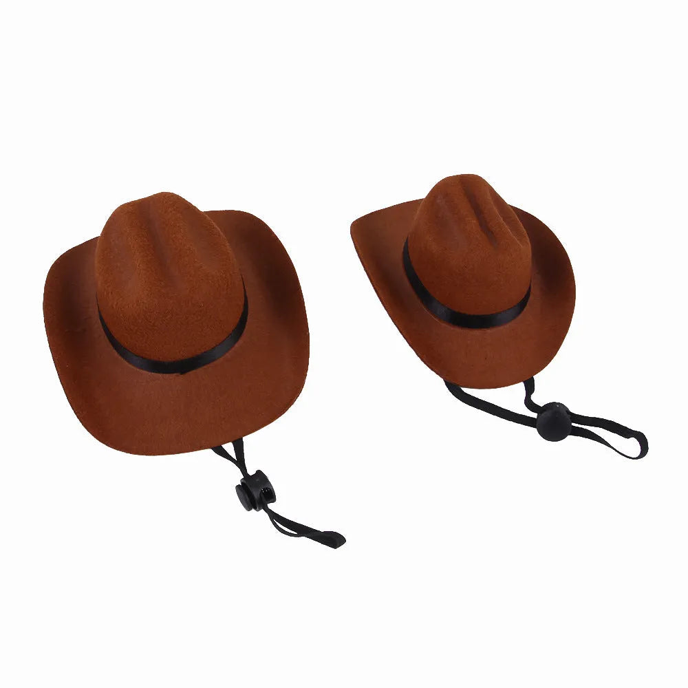 Adjustable pet dog cowboy hat in brown shown on a small dog for size reference.