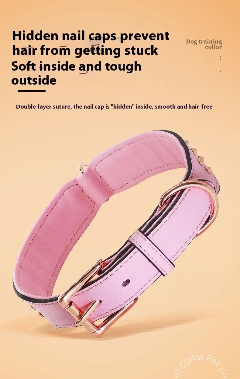 Black leather dog collar with metal rivets and buckle for large adult dogs