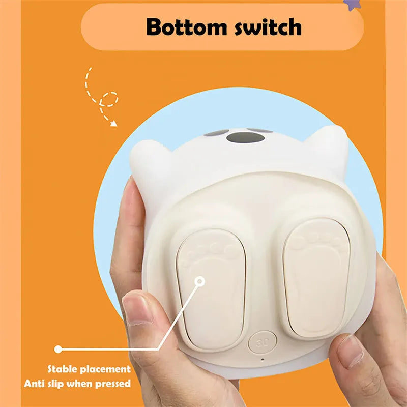 White portable LED touch sensor night light on a wooden bedside table.