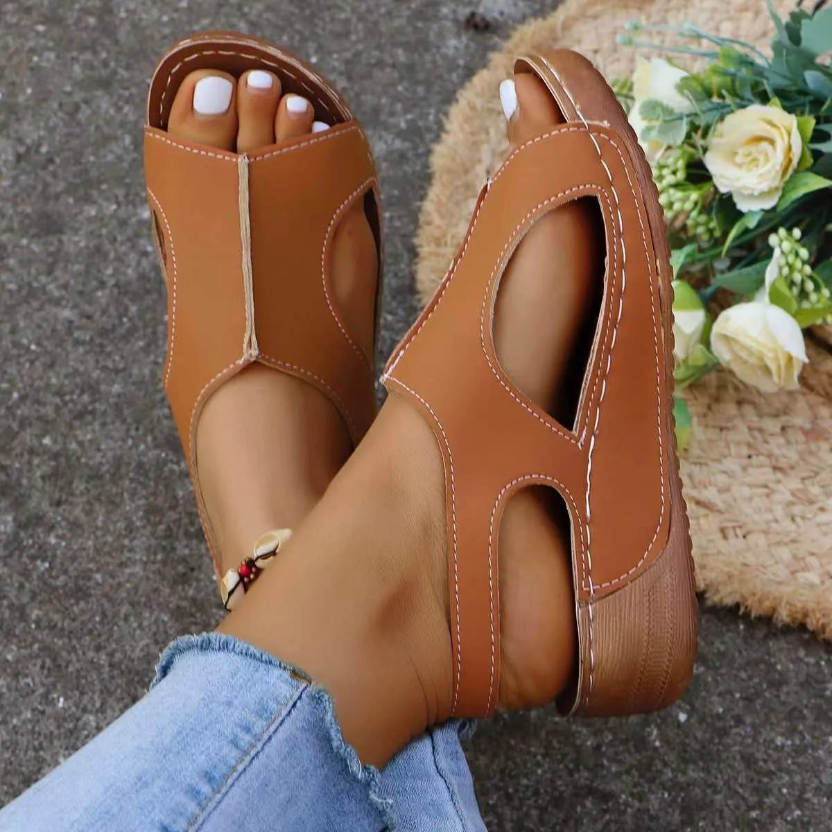 Women's recycled leather summer wedges sandals with elastic band and fish mouth toe in white