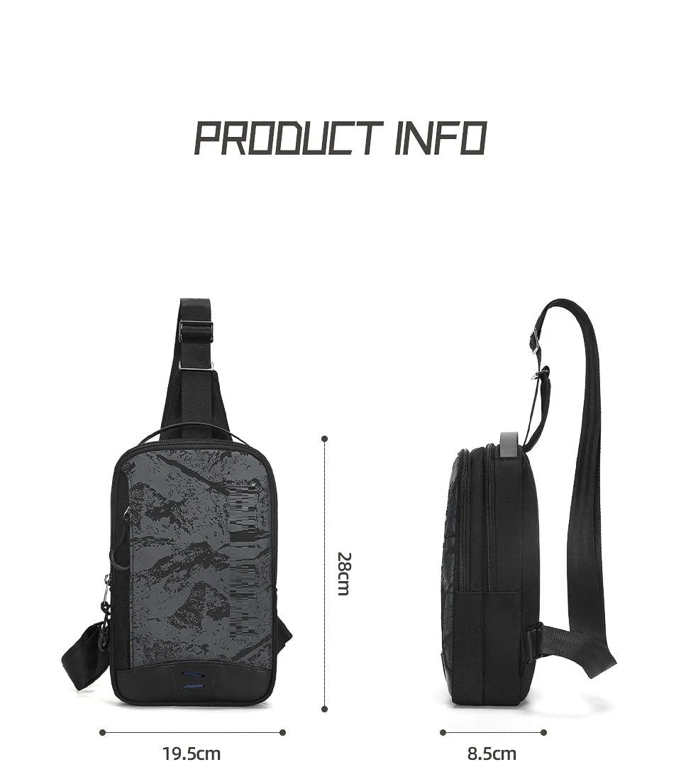Casual black TPU camouflage chest bag with a single shoulder strap and soft handle.