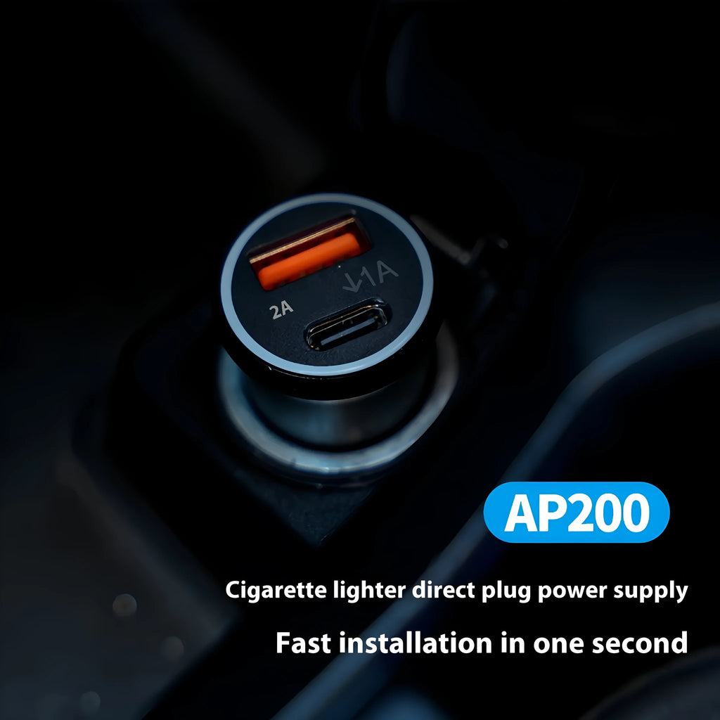 Black GPS car locator with a 12V car charger plug for vehicle tracking.