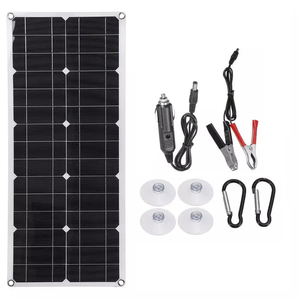 30W semi-flexible solar panel showing USB port for charging mobile devices.