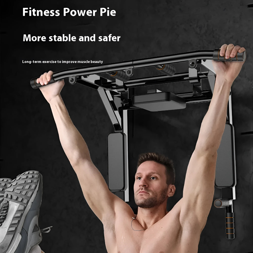 Black steel fitness rack with parallel bars and sandbag mounting points, dimensions 77cm wide