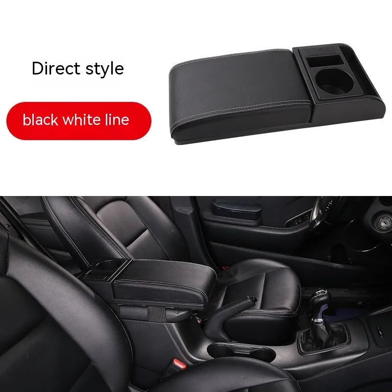 Universal plastic car armrest cover in PU leather black with red accent lines, shown on a centre console.