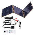 Black foldable portable 36W solar panel unfolded with connected cables and accessories