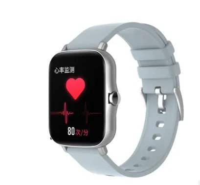 Smart watch with 1.7-inch colour touch screen on adjustable strap, shown in black, blue, or gold.