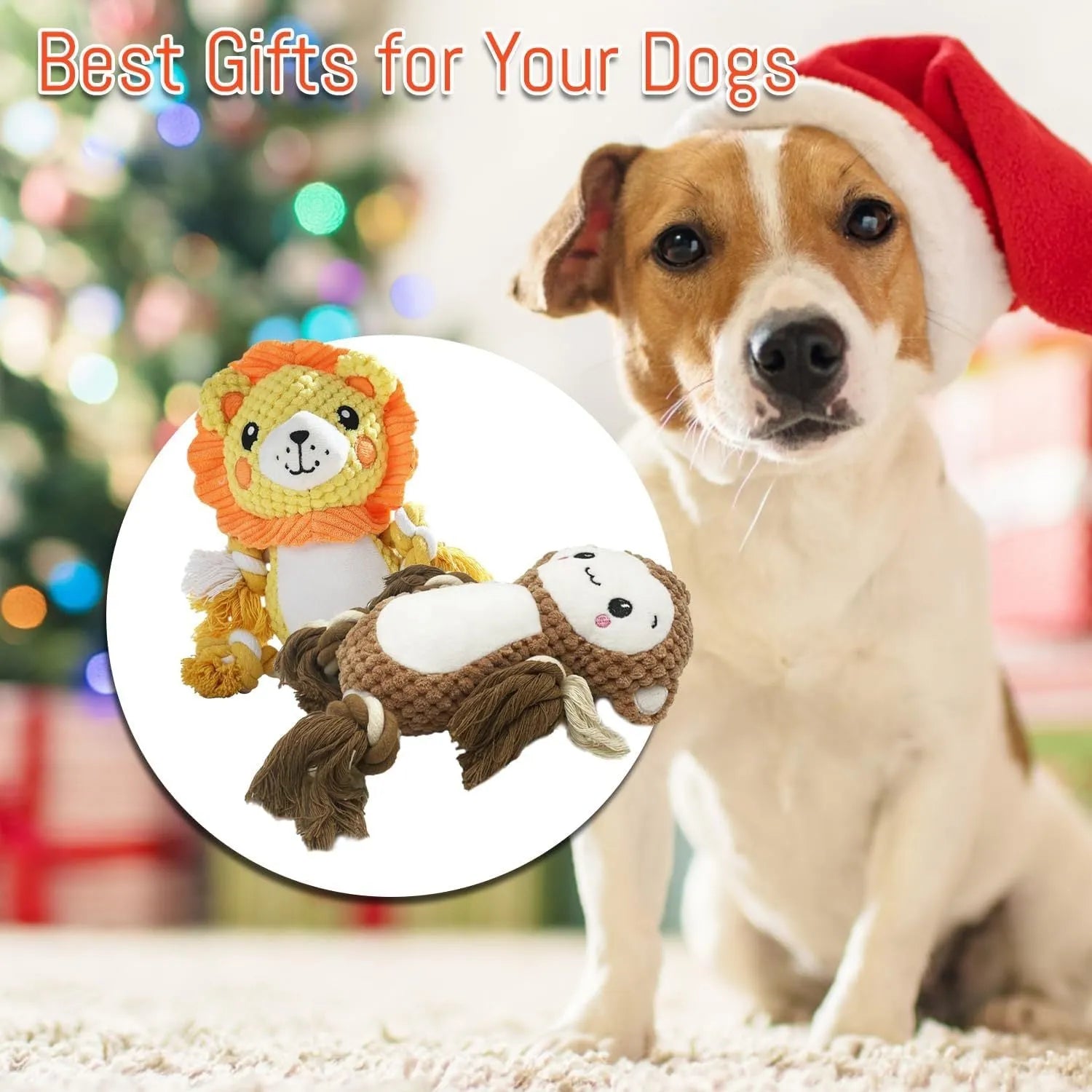 Lion and monkey plush squeaky dog toys bundle for medium to large dogs