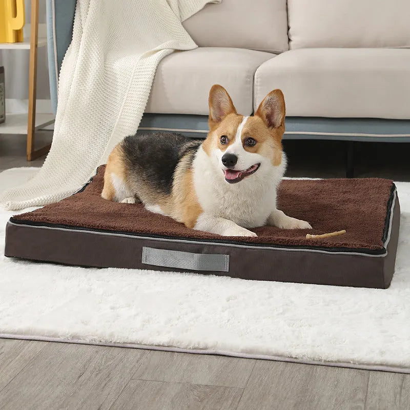Brown removable cover sponge dog mat lying on a wooden floor