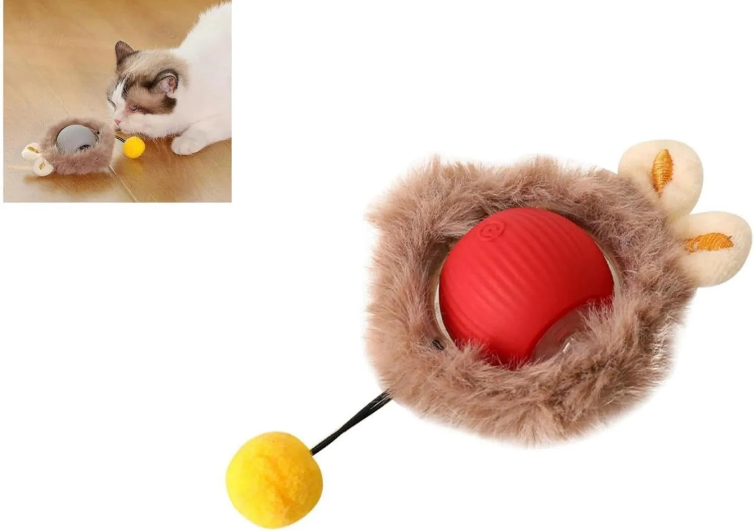 Automatic rolling ball pet toy with string in grey, green, or red colours