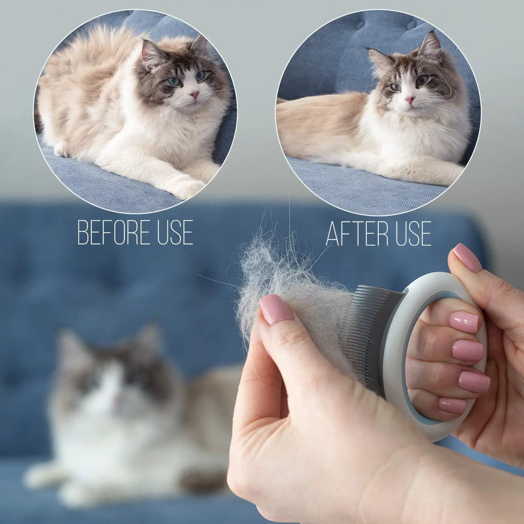 Blue ergonomic pet deshedding comb for cats and dogs on a white background.
