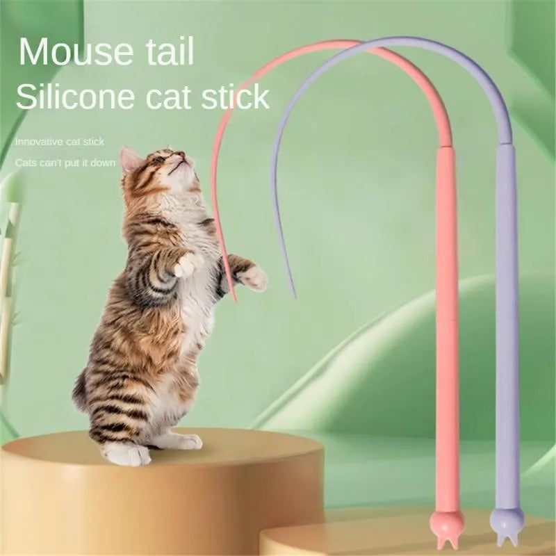 Blue simulated mouse tail cat toy with silicone tail and cat head handle measuring 80cm