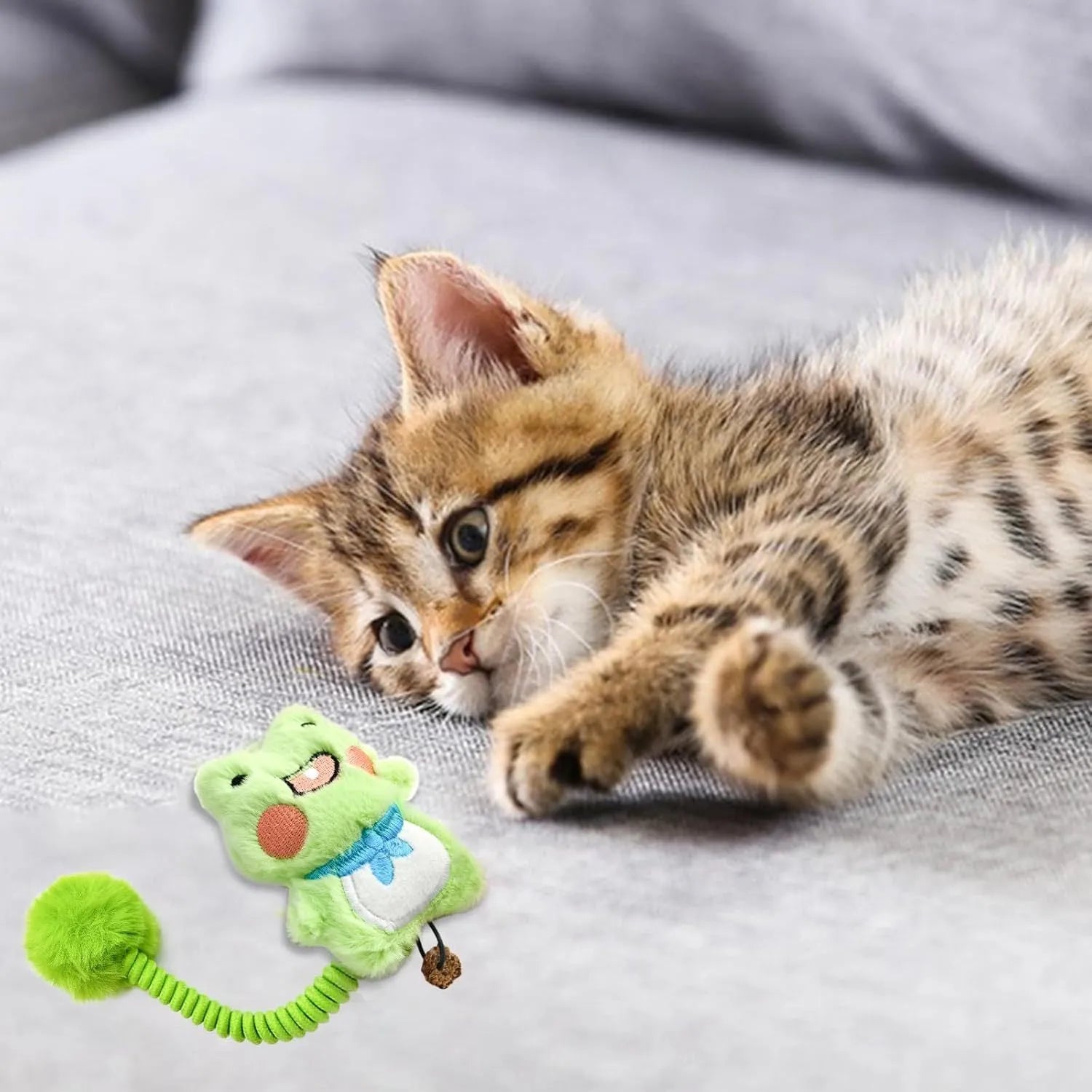 4-in-1 interactive cat toy with silvervine fruit, spring and plush animal figure for indoor kittens