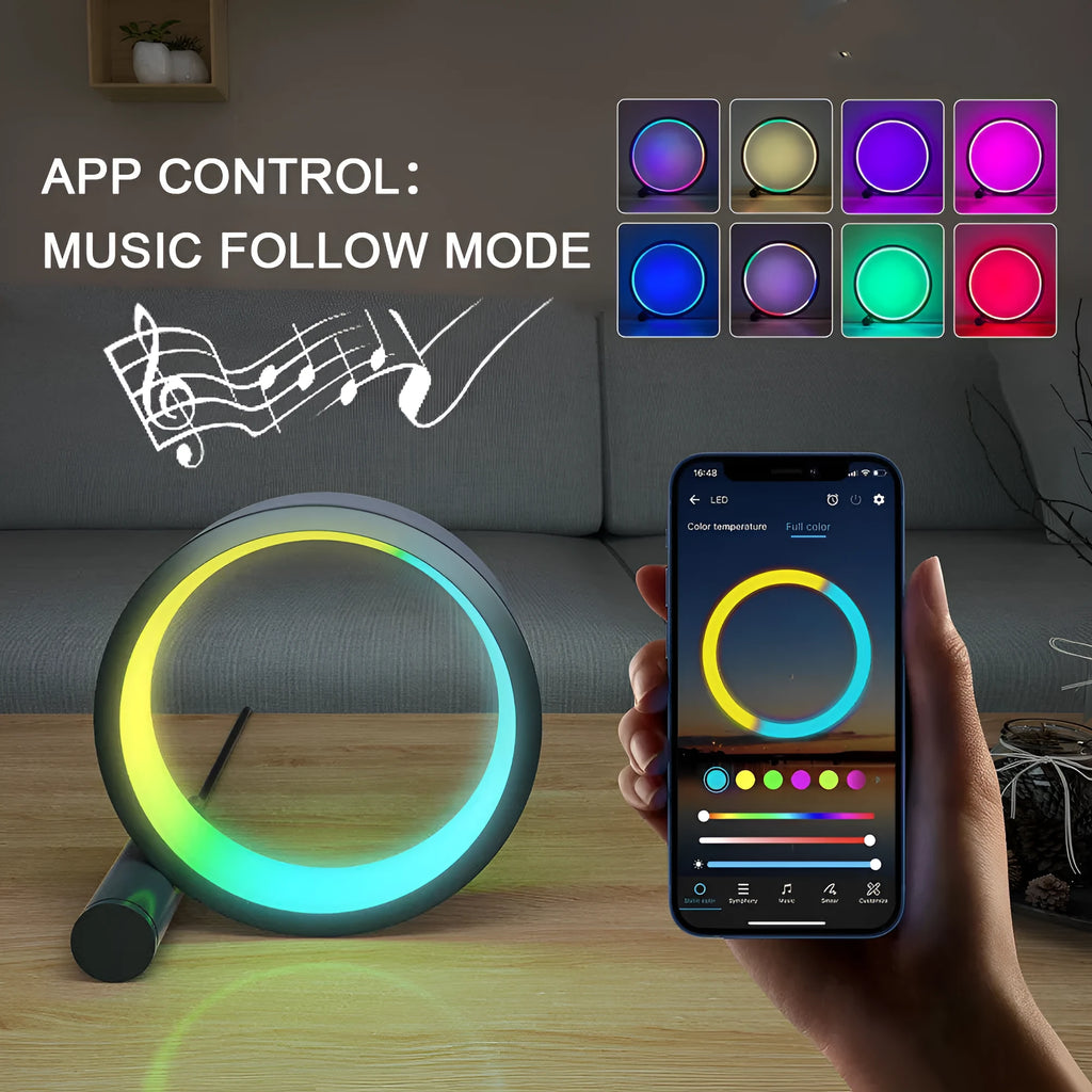 Modern aluminium smart LED atmosphere light with colourful projection, showing app and music control.