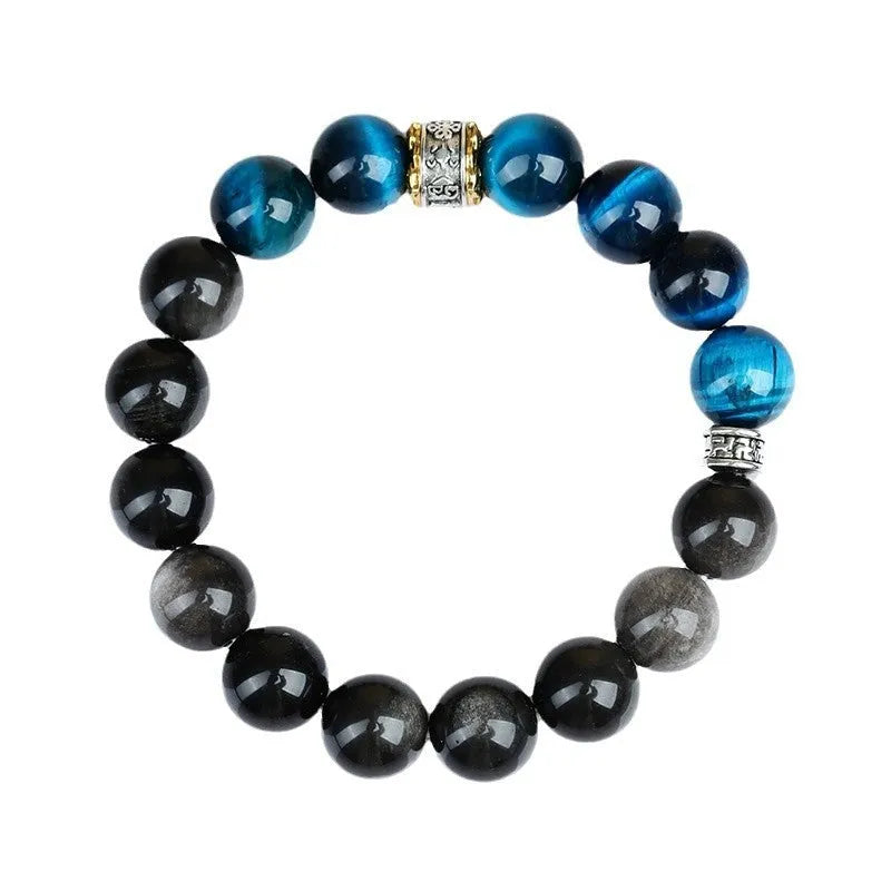 Handmade peacock blue Tigereye stone bracelet with geometric silver beads in ethnic style