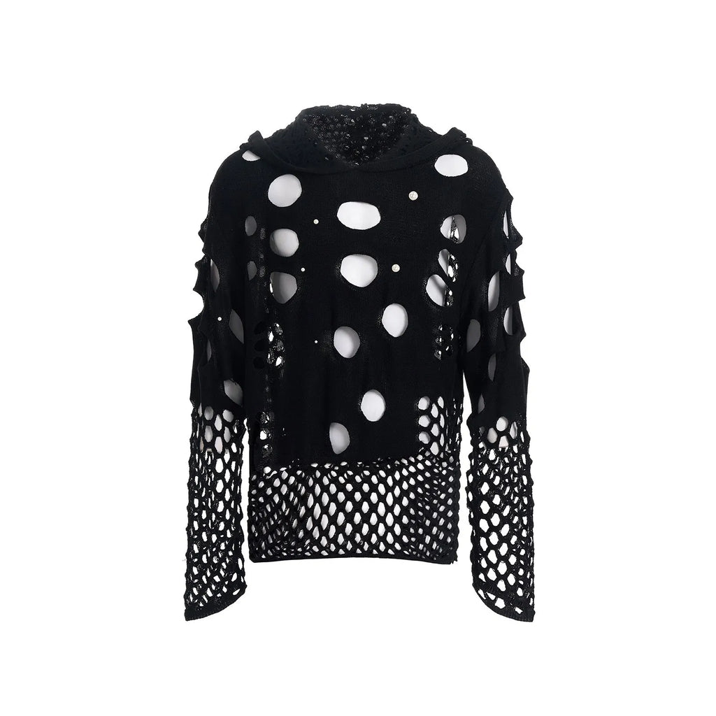 Black men's hollow knit hoodie with pearl decoration on the hood, showing loose fit.