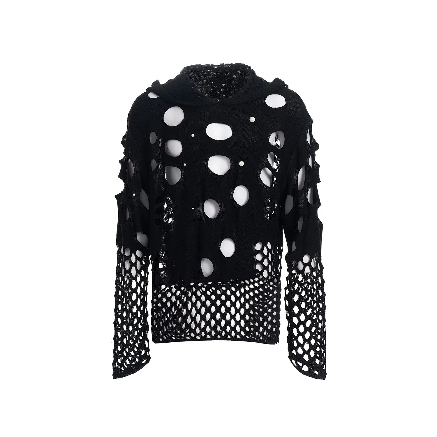 Black men's hollow knit hoodie with pearl decoration on the hood, showing loose fit.